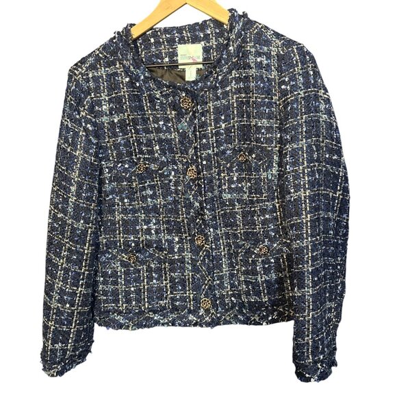 Old Navy Studio Spotlight Womens Tweed Jacket Navy & Metallic Gold Plaid Button- - Picture 1 of 6